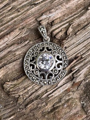 Sterling Silver Celtic Marcasite CZ Stone Pendant