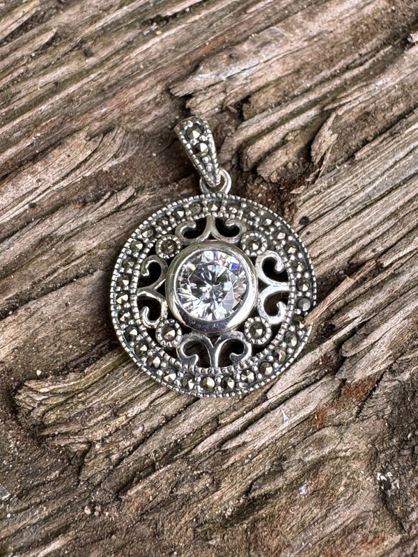 Sterling Silver Celtic Marcasite CZ Stone Pendant