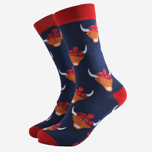 Men's Bamboo Socks - Navy Blue/Red, Highland Cow Tartan Hat: UK 7-11 | EU 40.5-46 | US 8-12