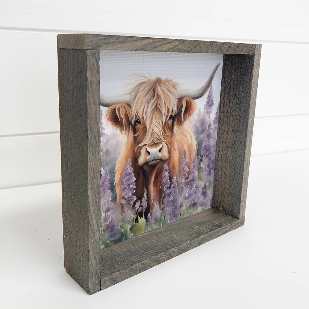 Highland Cow Lavender Fields 11" x 11" Small Canvas