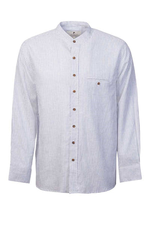 Irish Collarless Linen Grandad Shirt - Blue & White Stripe