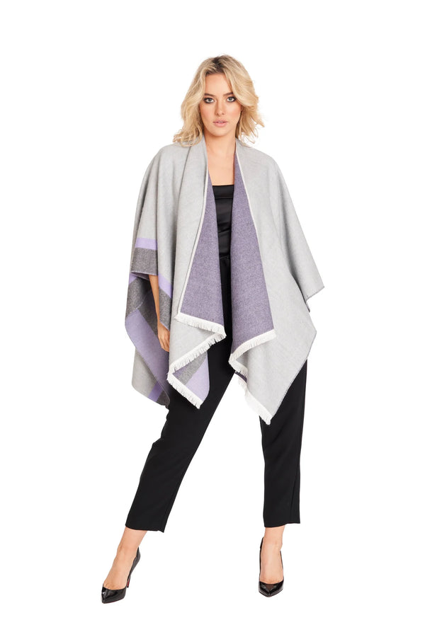 Celtic Fringe Shawl w/ Block Check Design - Grey & Lilac