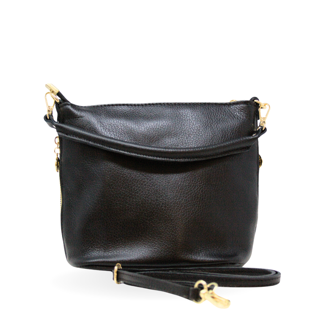 Genuine Italian Leather Zipper Mid Bucket Bag - Black