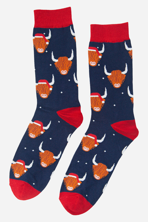 Men's Bamboo Socks Chirstmas Hat Highland Cow - Navy & Red