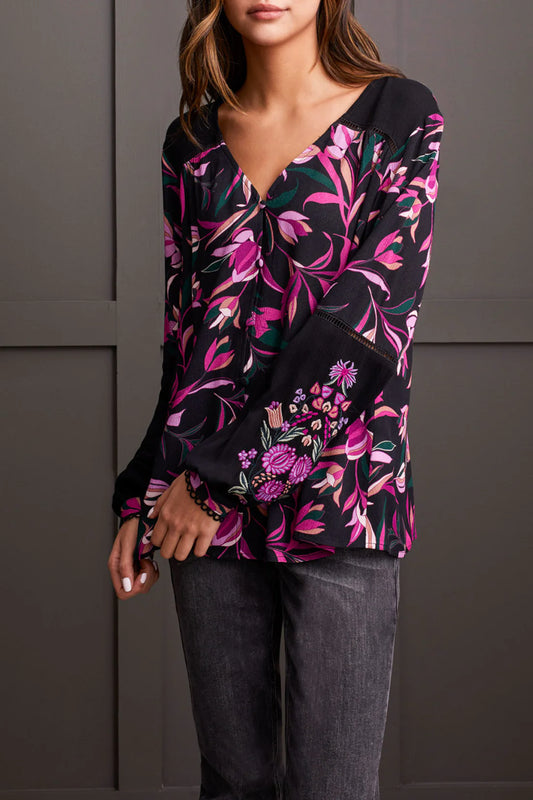 Floral Button Front Blouse w/ Embroidery