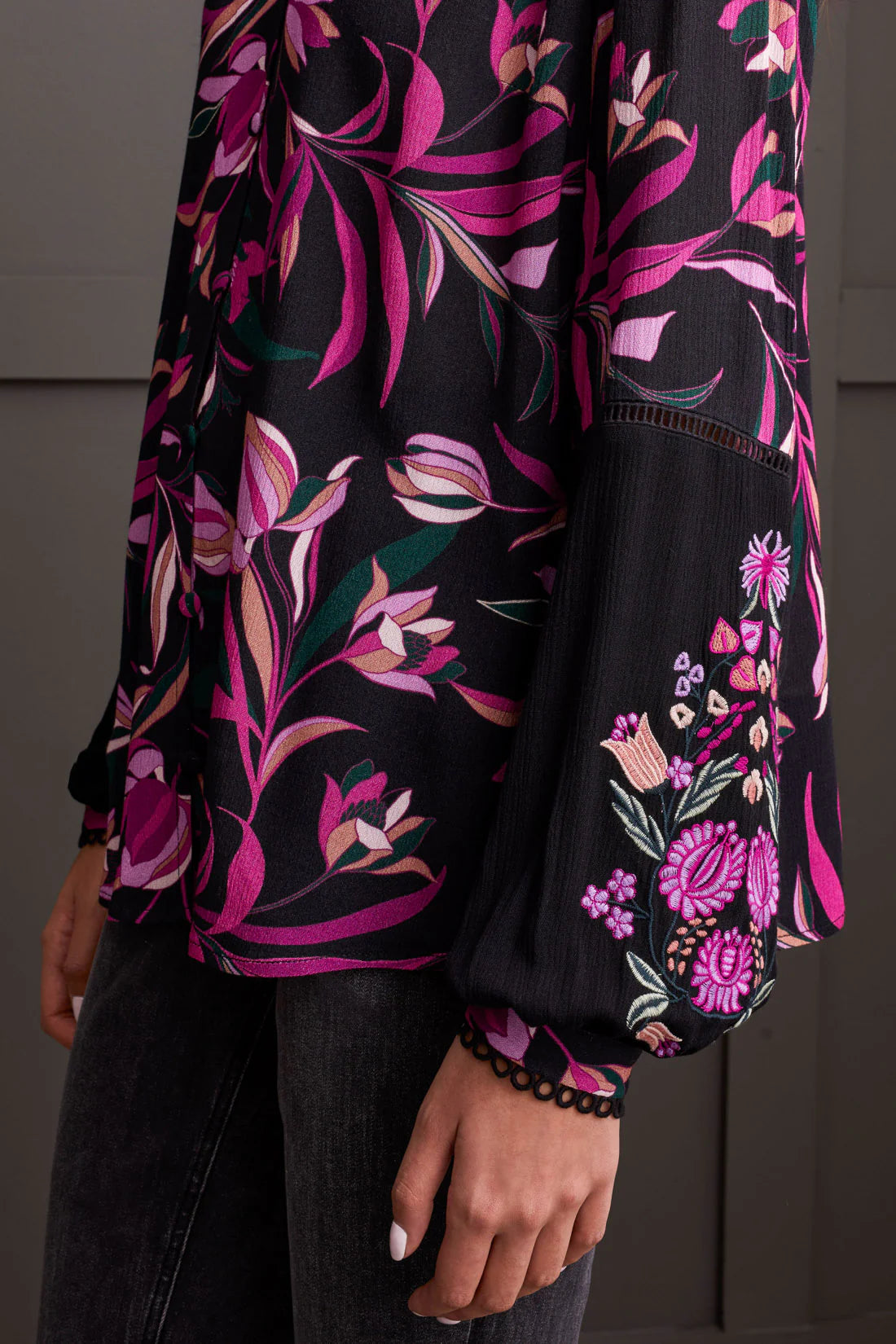 Floral Button Front Blouse w/ Embroidery