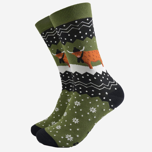 Men's Bamboo Socks - Green/Black, Winter Highland Cow: UK 7-11 | EU 40.5-46 | US 8-12