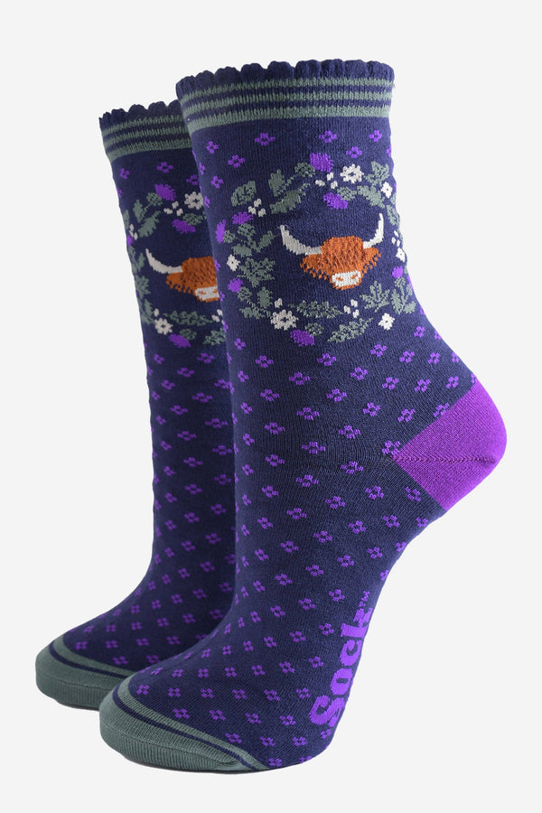 Women's Bamboo Socks - Navy Blue/Purple, Highland Cow Wreath