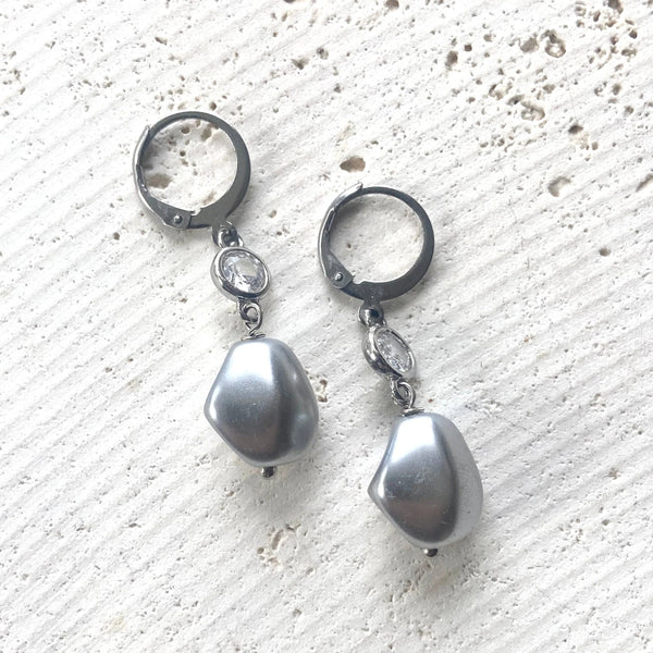Gray Baroque Porcelain Pearl Earrings - Silver