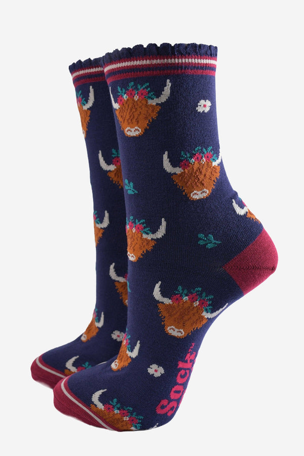 Women's Bamboo Socks - Navy/Burgundy, Winter Highland Cow