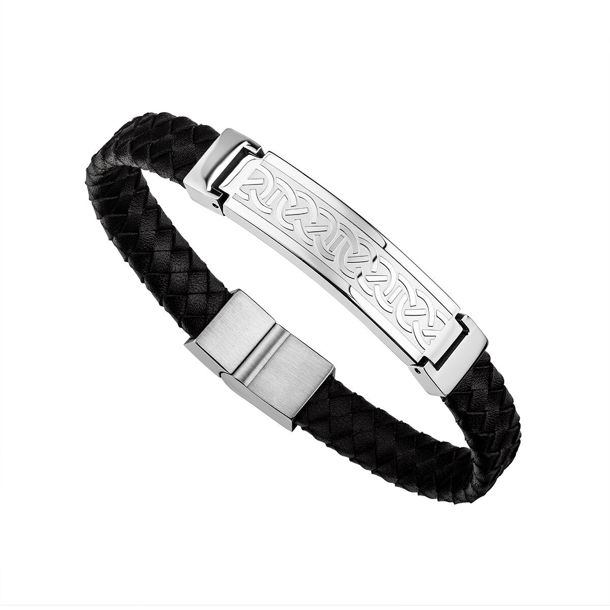 S50147 Men's Celtic Stainless Steel Black Leather Bracelet