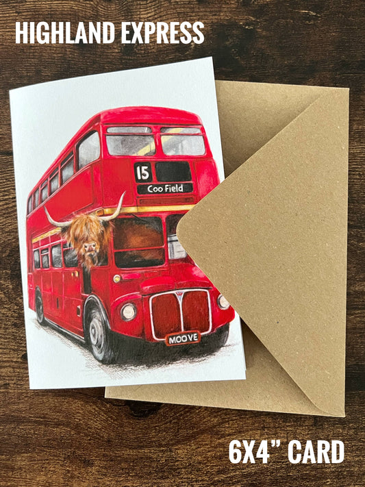 'Highland Express' Highland Cow Greeting Card