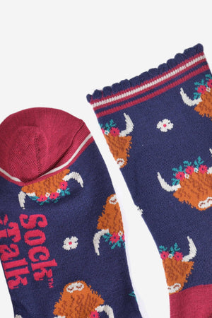 Women's Bamboo Socks - Navy/Burgundy, Winter Highland Cow