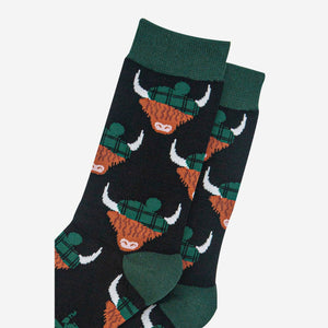 Men's Bamboo Socks - Black/Forest Green, Highland Cow: UK 7-11 | EU 40.5 -46 | US 8-12