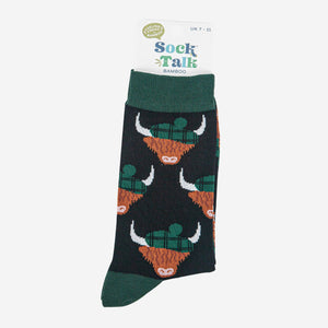 Men's Bamboo Socks - Black/Forest Green, Highland Cow: UK 7-11 | EU 40.5 -46 | US 8-12