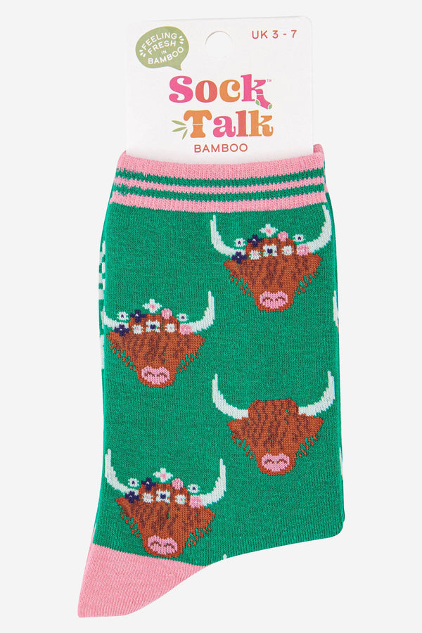 Ladies Bamboo Highland Cow w/ Floral Crown - Green & Pink