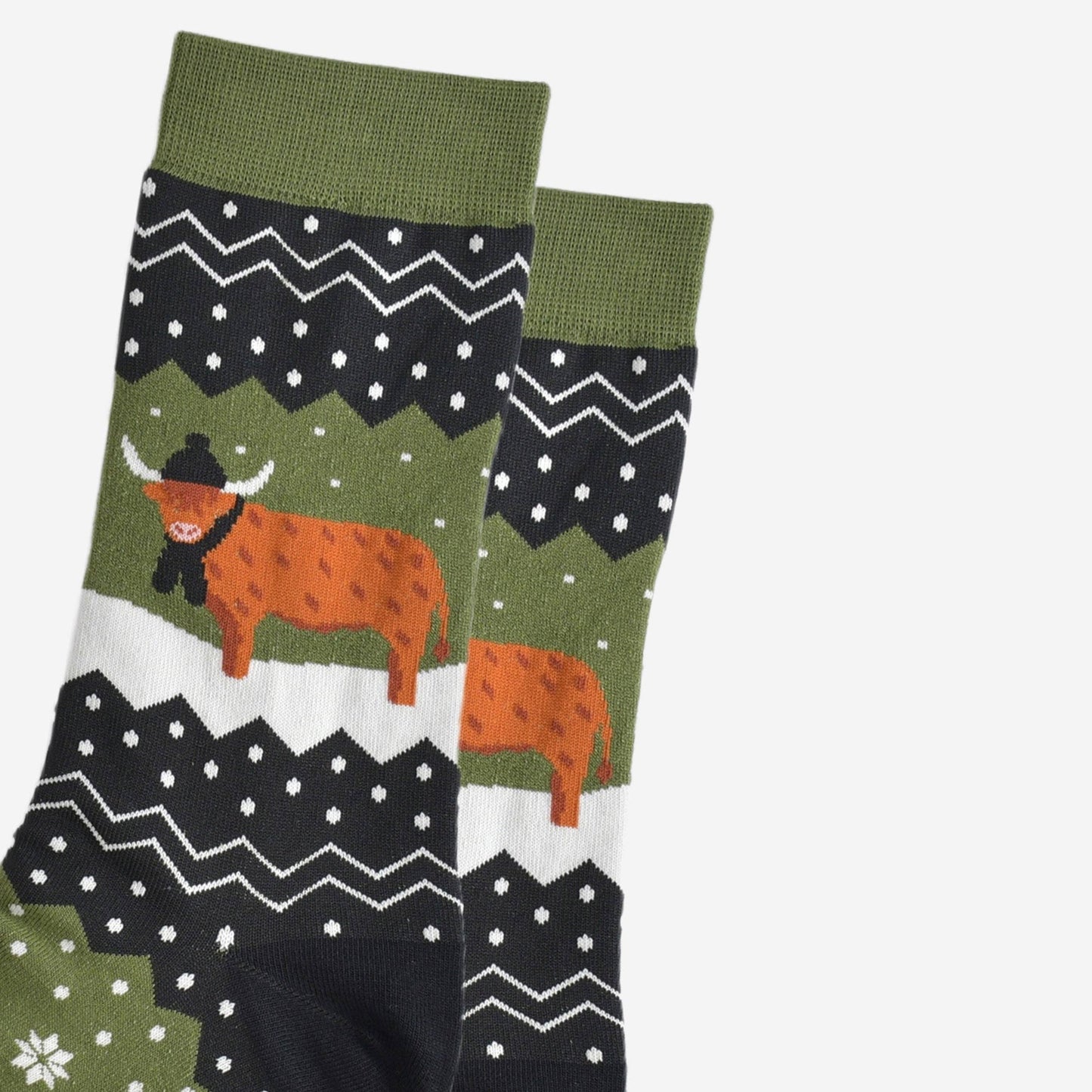 Men's Bamboo Socks - Green/Black, Winter Highland Cow: UK 7-11 | EU 40.5-46 | US 8-12