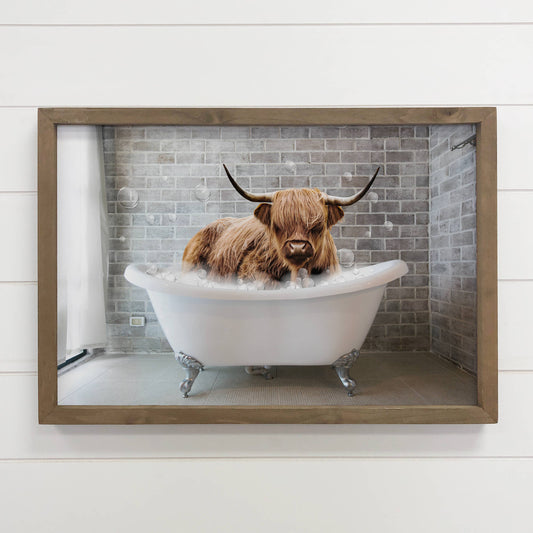 Funny Highland Cow in Bathtub 6" x 8" Small Canvas Art