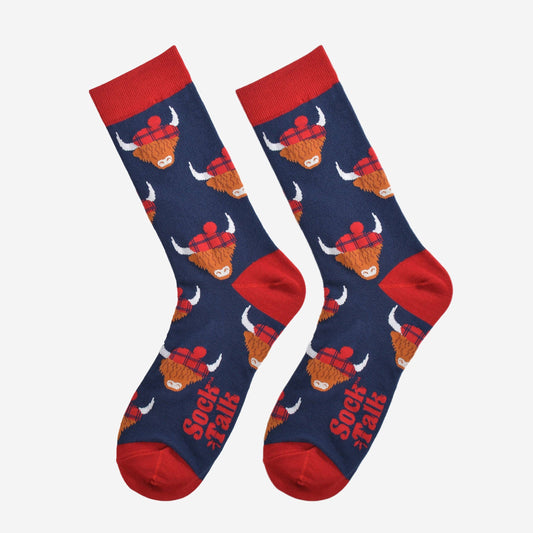 Men's Bamboo Socks - Navy Blue/Red, Highland Cow Tartan Hat: UK 7-11 | EU 40.5-46 | US 8-12