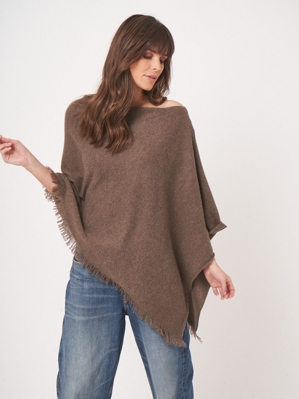 Repeat Cashmere Fringe Poncho - Cacao