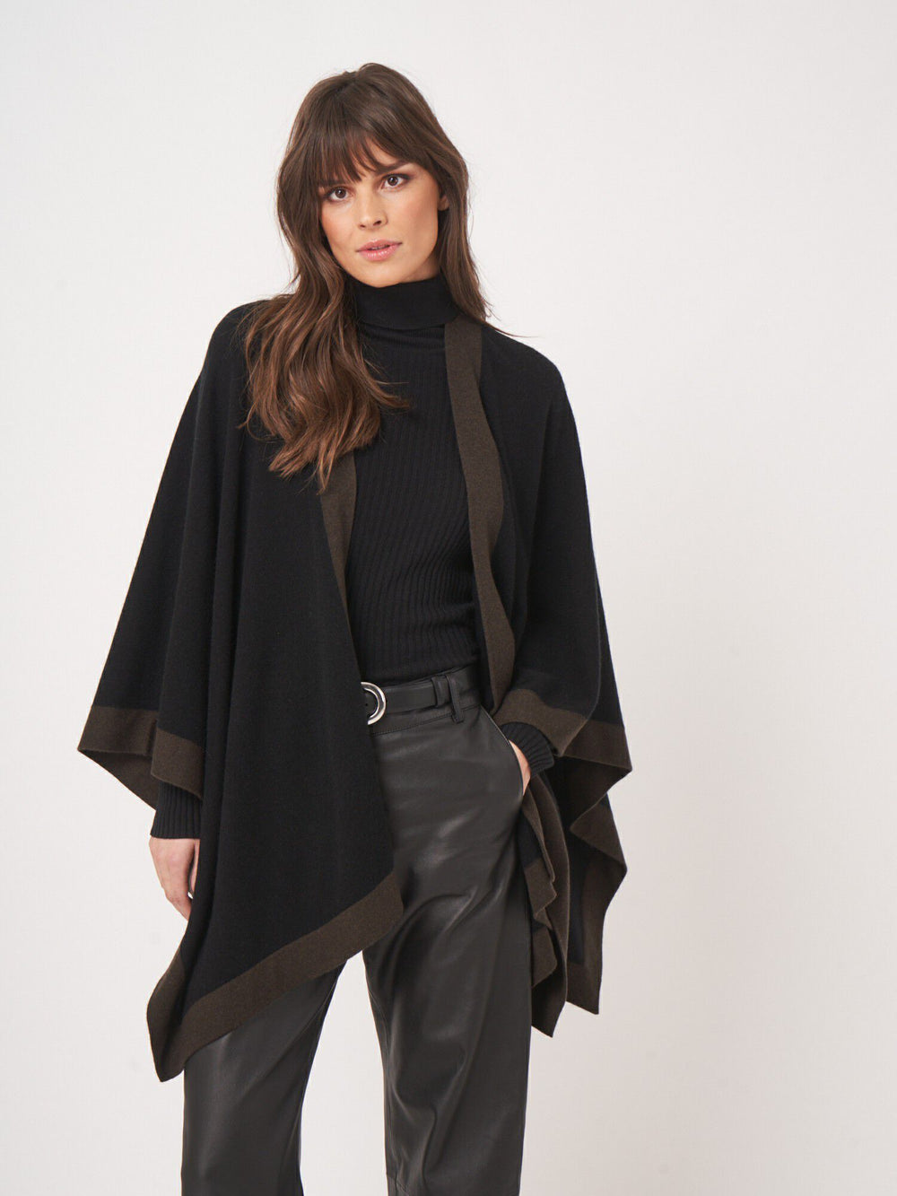 Cashmere Blend Poncho with Contrast Border - Black w/ Brown