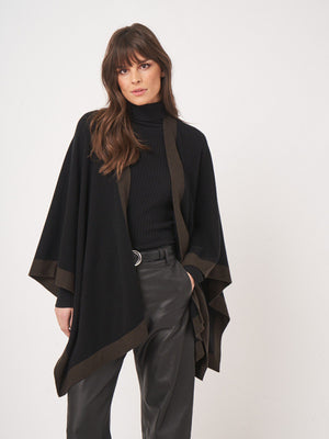 Cashmere Blend Poncho with Contrast Border - Black w/ Brown
