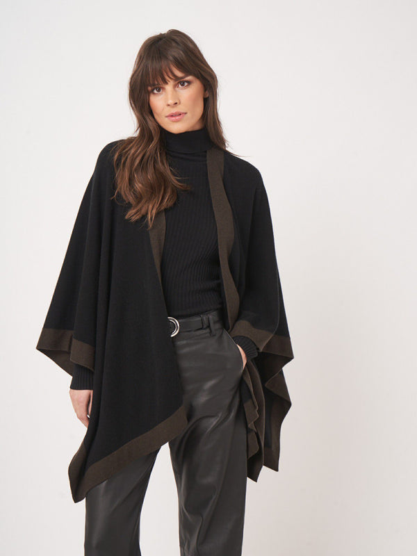 Cashmere Blend Poncho with Contrast Border - Black w/ Brown