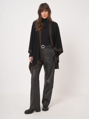 Cashmere Blend Poncho with Contrast Border - Black w/ Brown
