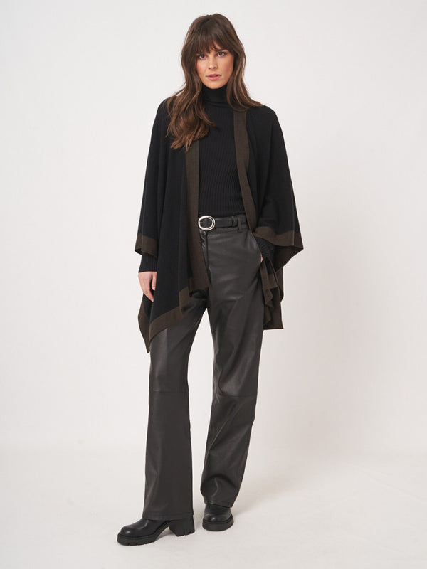 Cashmere Blend Poncho with Contrast Border - Black w/ Brown