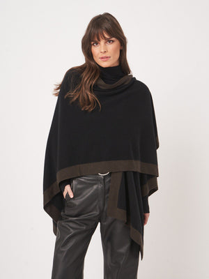 Cashmere Blend Poncho with Contrast Border - Black w/ Brown