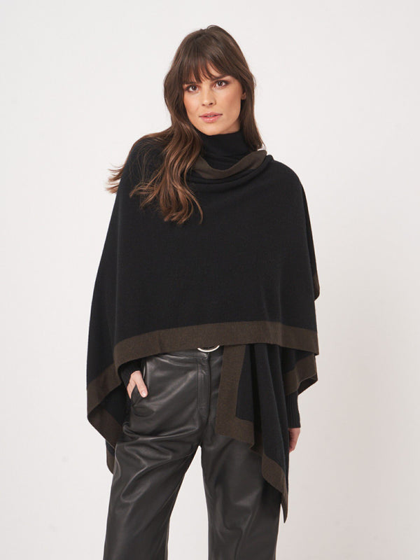 Cashmere Blend Poncho with Contrast Border - Black w/ Brown
