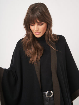 Cashmere Blend Poncho with Contrast Border - Black w/ Brown