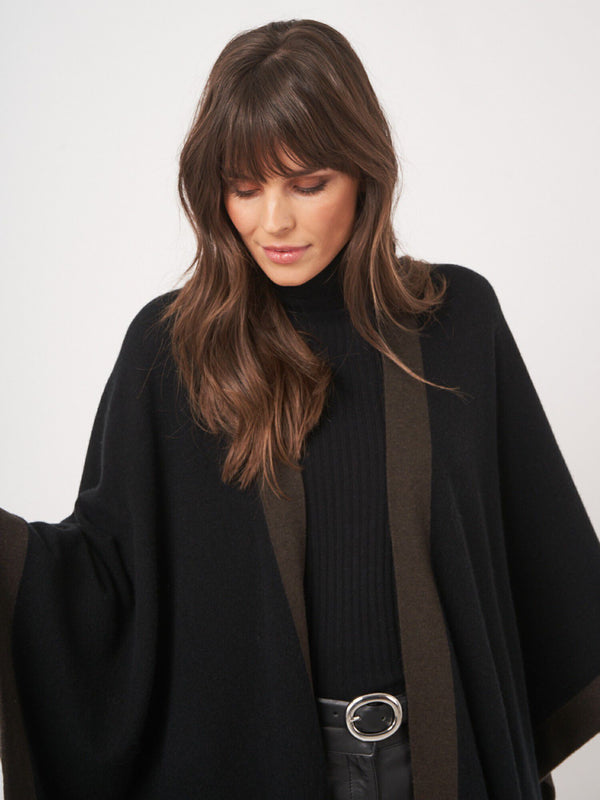 Cashmere Blend Poncho with Contrast Border - Black w/ Brown
