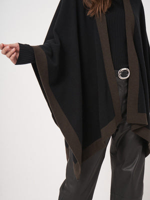 Cashmere Blend Poncho with Contrast Border - Black w/ Brown