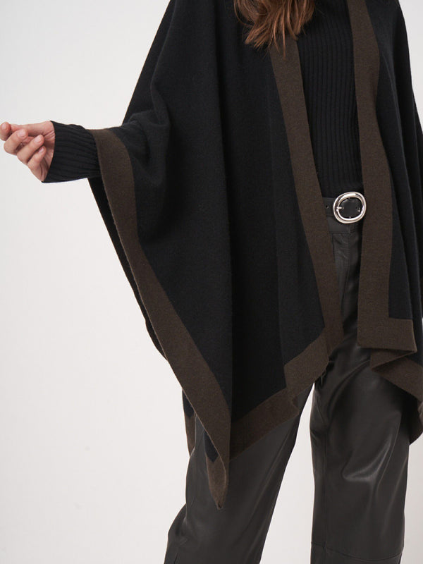 Cashmere Blend Poncho with Contrast Border - Black w/ Brown