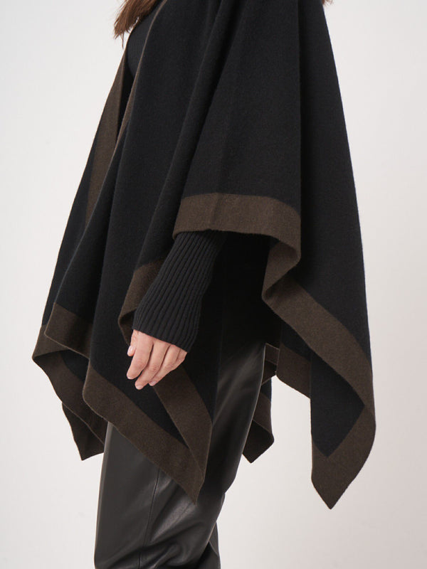 Cashmere Blend Poncho with Contrast Border - Black w/ Brown