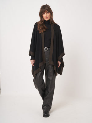 Cashmere Blend Poncho with Contrast Border - Black w/ Brown