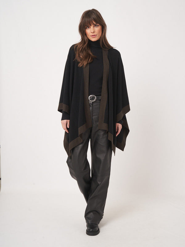 Cashmere Blend Poncho with Contrast Border - Black w/ Brown