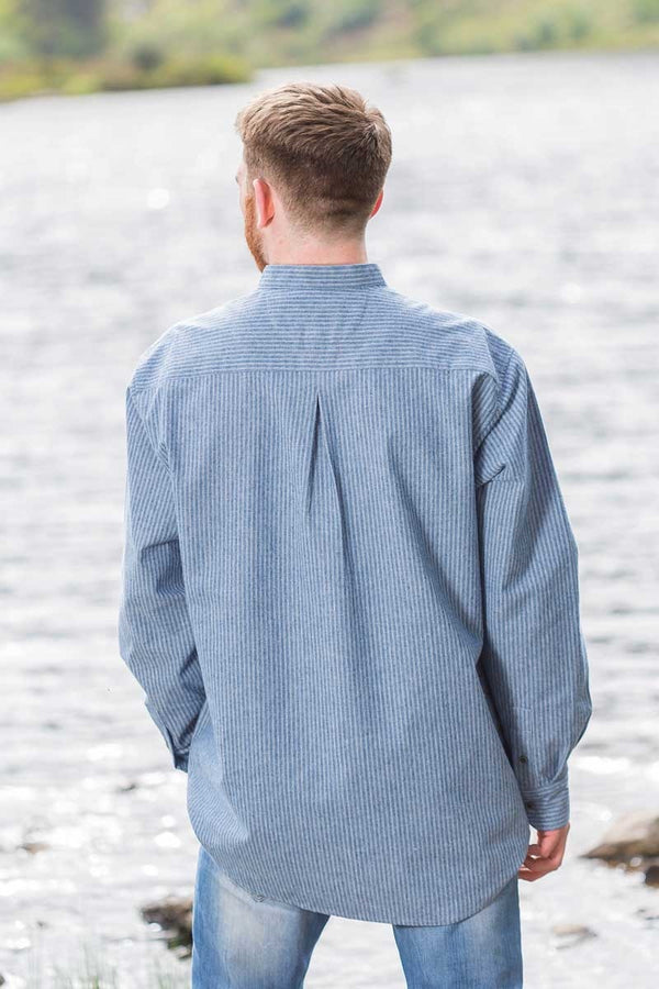 Vintage Cotton Grandfather Shirt - Blue & White Stripe