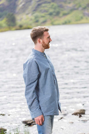 Vintage Cotton Grandfather Shirt - Blue & White Stripe