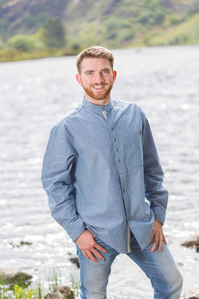 Vintage Cotton Grandfather Shirt - Blue & White Stripe