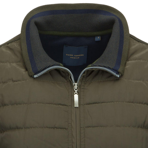 Zip Funnel Neck Quilted Gilet - Smart Jacquard Collar - Khaki