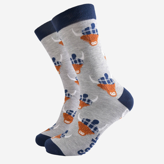 Men's Bamboo Socks - Grey/Navy Blue, Highland Cow Tartan Hat: UK 7-11 | EU 40.5-46 | US 8-12