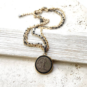 French Revolutionary Coin Pendant w/ Black Spinel - Gold & Black Chains