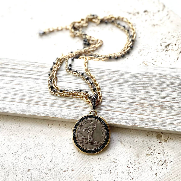 French Revolutionary Coin Pendant w/ Black Spinel - Gold & Black Chains