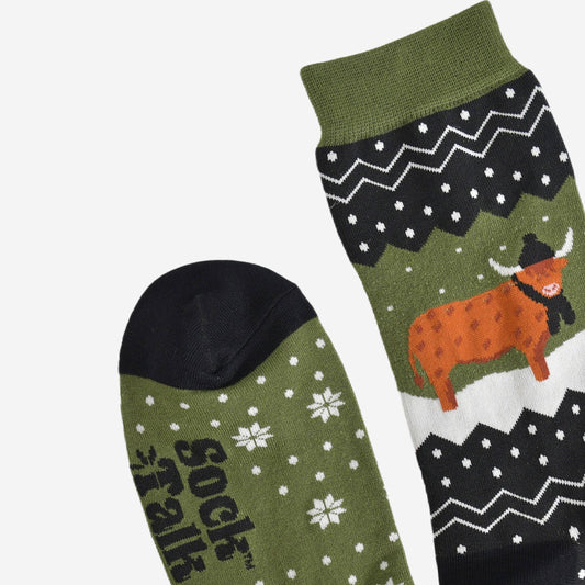 Men's Bamboo Socks - Green/Black, Winter Highland Cow: UK 7-11 | EU 40.5-46 | US 8-12