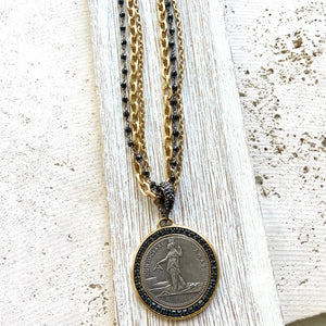 French Revolutionary Coin Pendant w/ Black Spinel - Gold & Black Chains