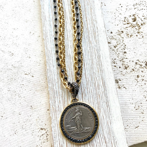 French Revolutionary Coin Pendant w/ Black Spinel - Gold & Black Chains