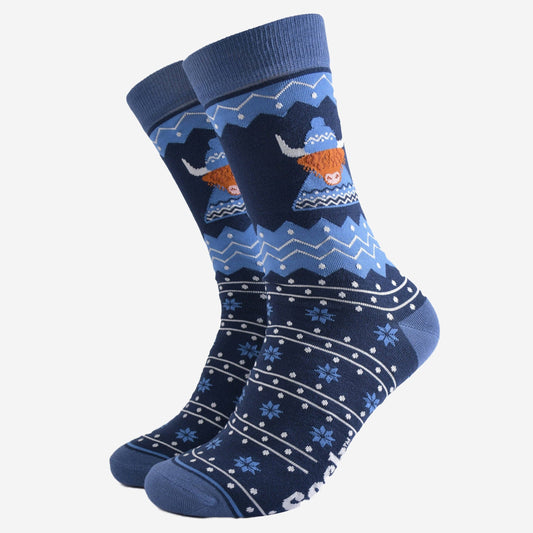 Men's Bamboo Socks - Blue, Highland Cow Hat and Jumper: UK 7-11 | EU 40.5-46 | US 8-12