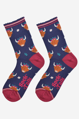 Women's Bamboo Socks - Navy/Burgundy, Winter Highland Cow
